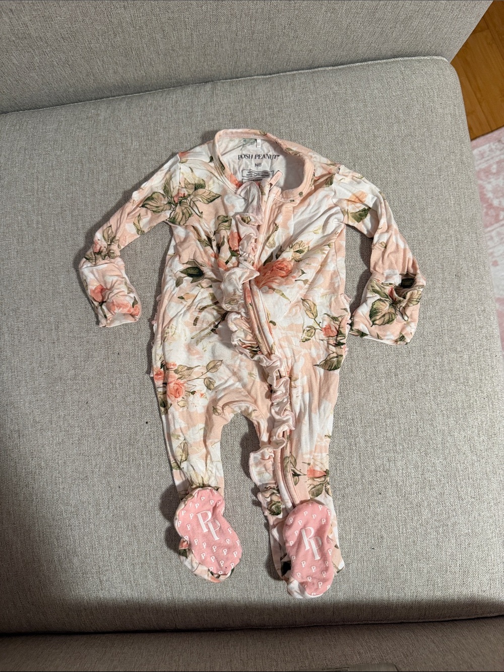 Posh Peanut Peach Floral Ruffle Footed One-Piece